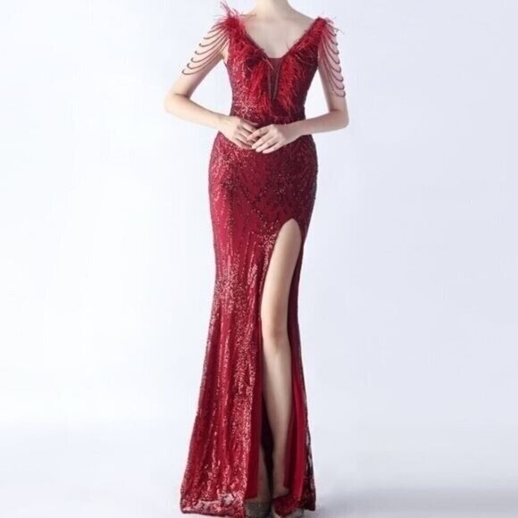 Red, Geo Print, Ostrich Feather V Neck, Beaded Sleeves, Sequined Mermaid Gown - Picture 4 of 14